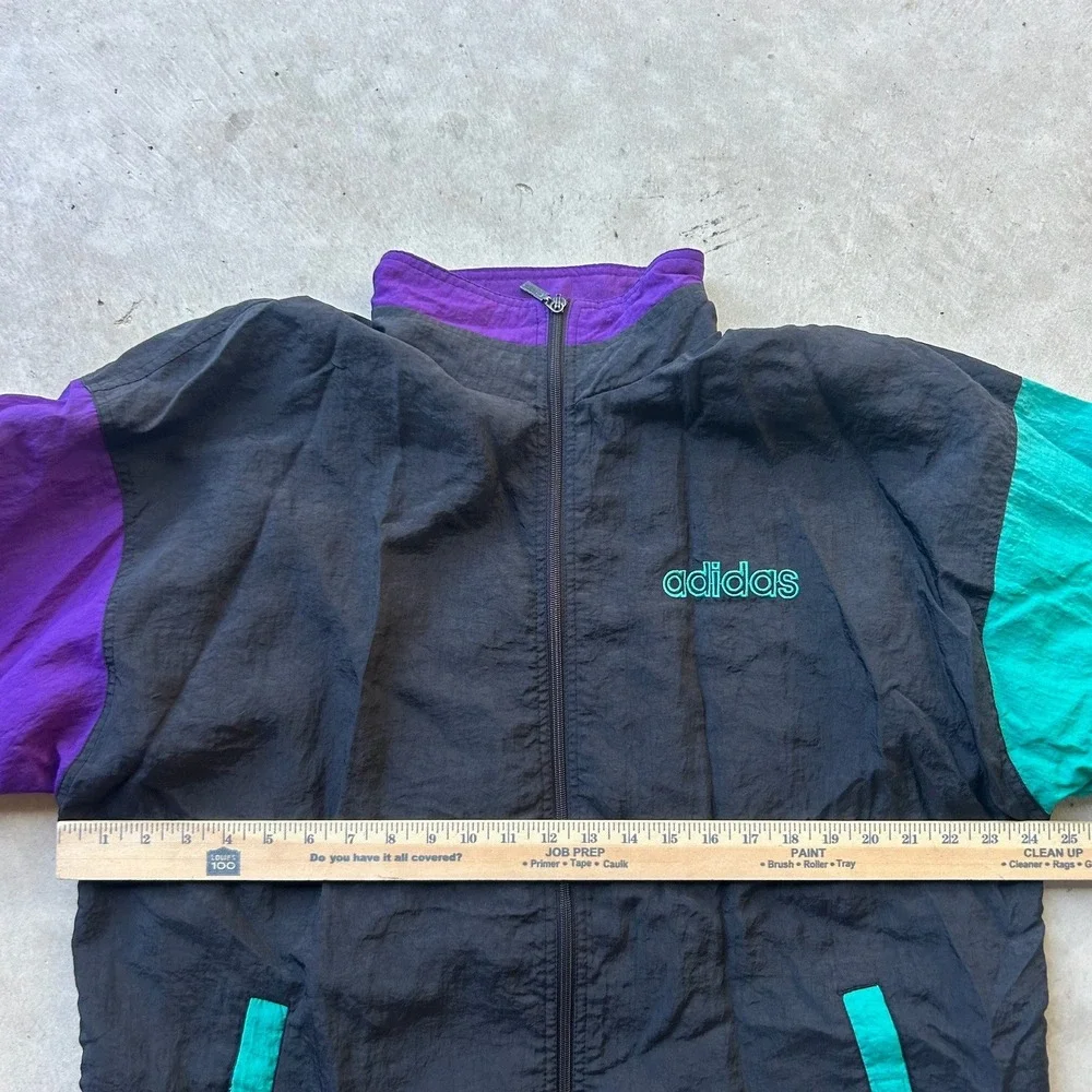 Vintage Adidas Windbreaker Jacket Large Black Purple Teal Trefoil Logo 90s Zip